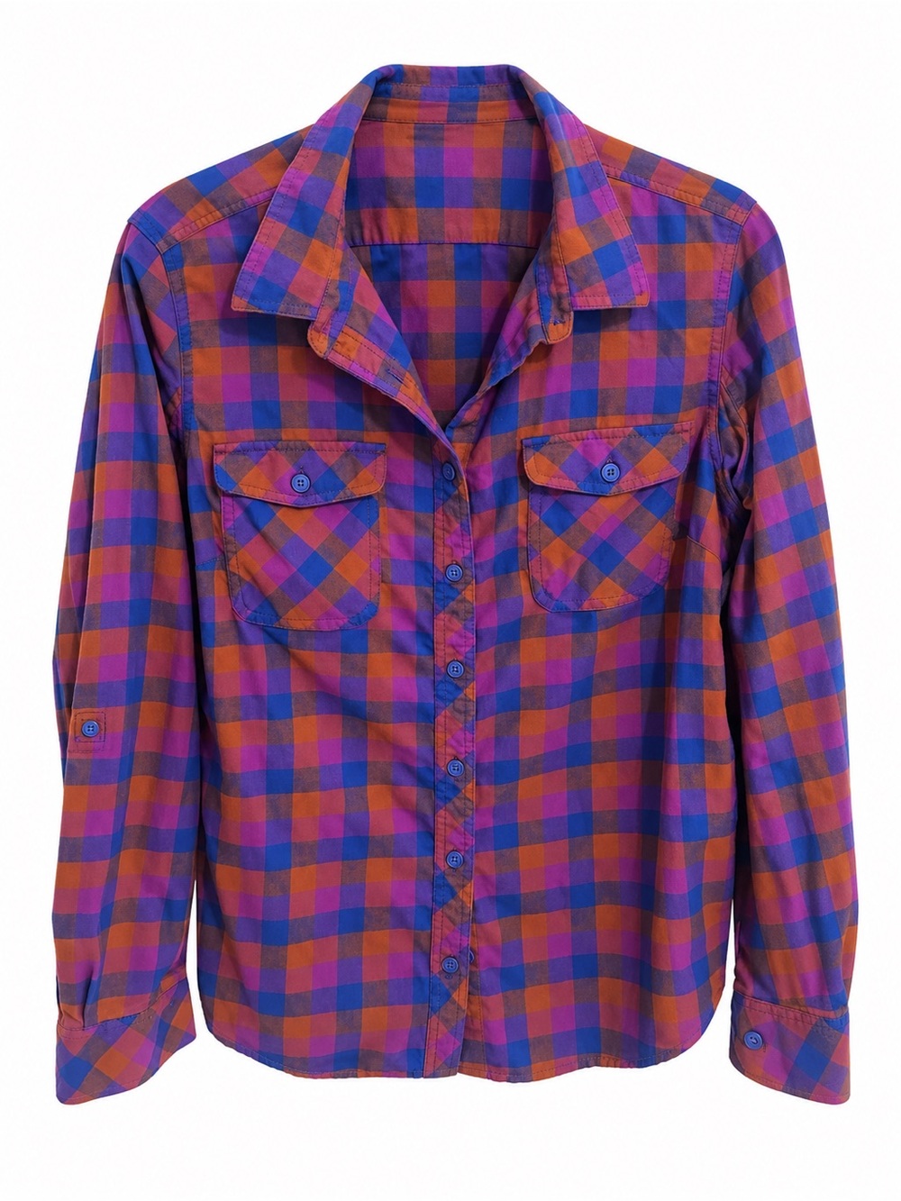 Duluth Trading Co Purple & Orange Plaid Button-Down Shirt, Pockets Woman’s Large